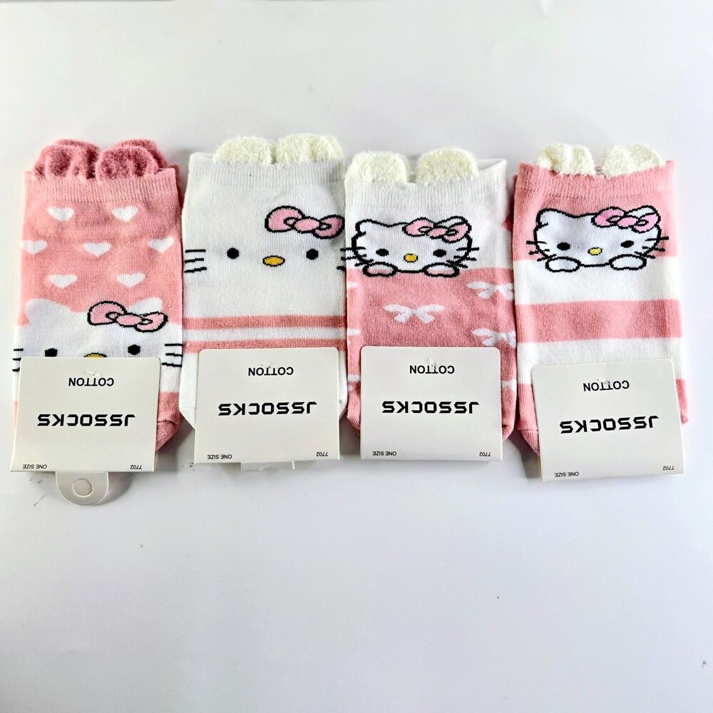 SOCKS BUNDLE of 4 Kitty Crew Socks with Ears Pink Shoe Size Kid 5 to Women 7 NEW